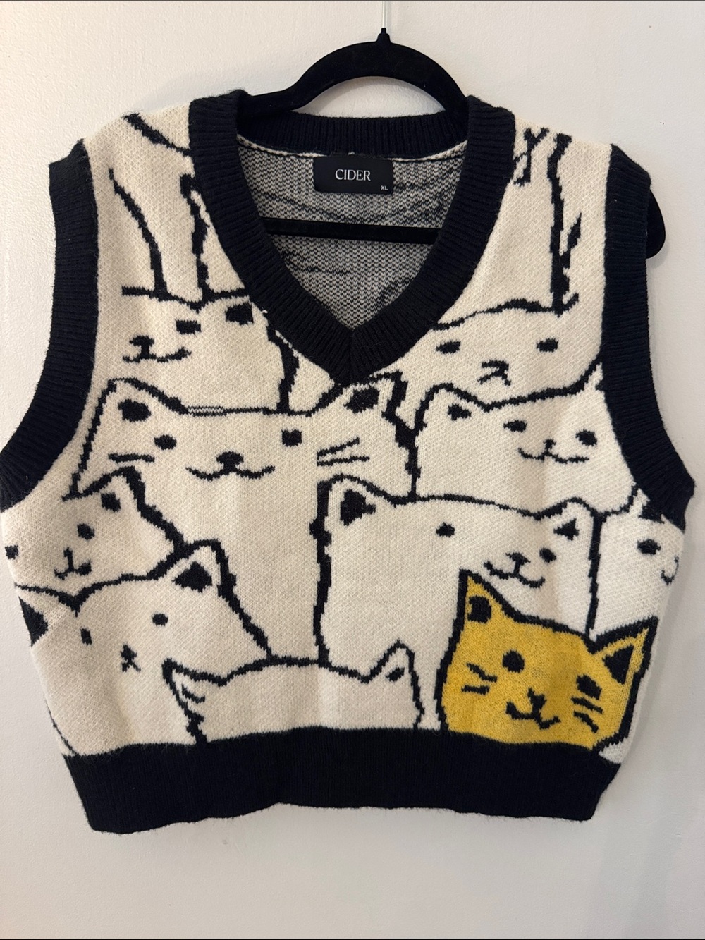 Cider Black & Cream Cat Intarsia Knit Vest with Yellow Cat Accent